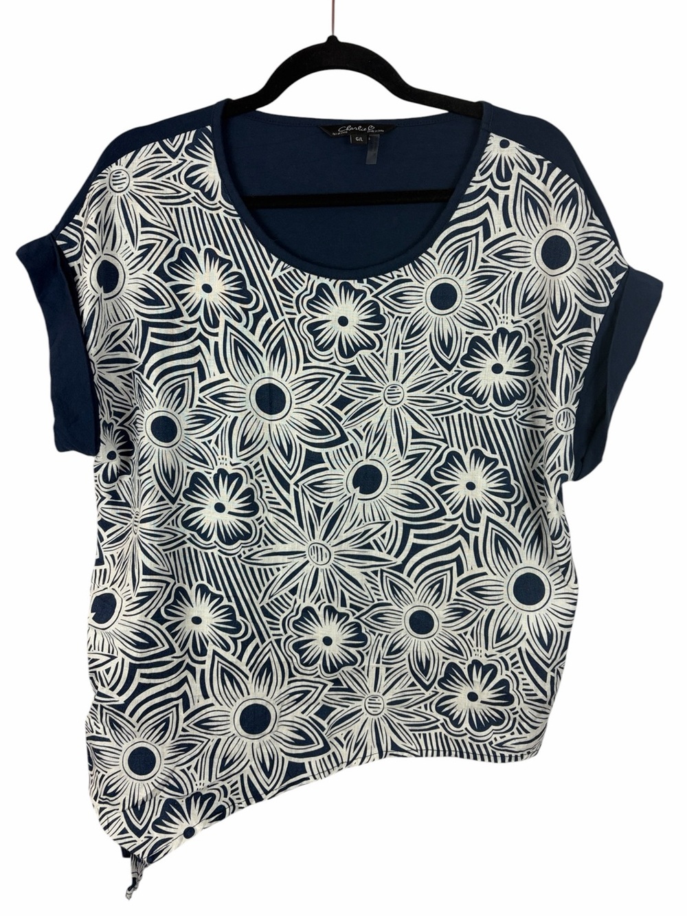 Charlie B Navy Blue & White Floral Linen Blend Asymmetrical Side Tie Top Large